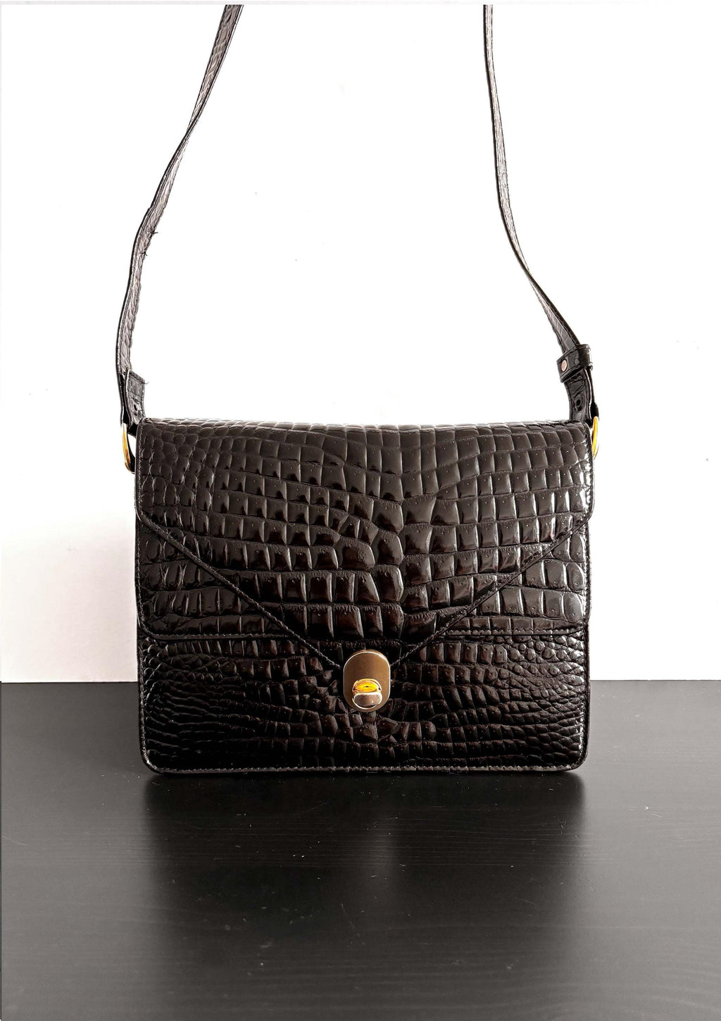 Black croc messenger shoulder bag, from the 70's