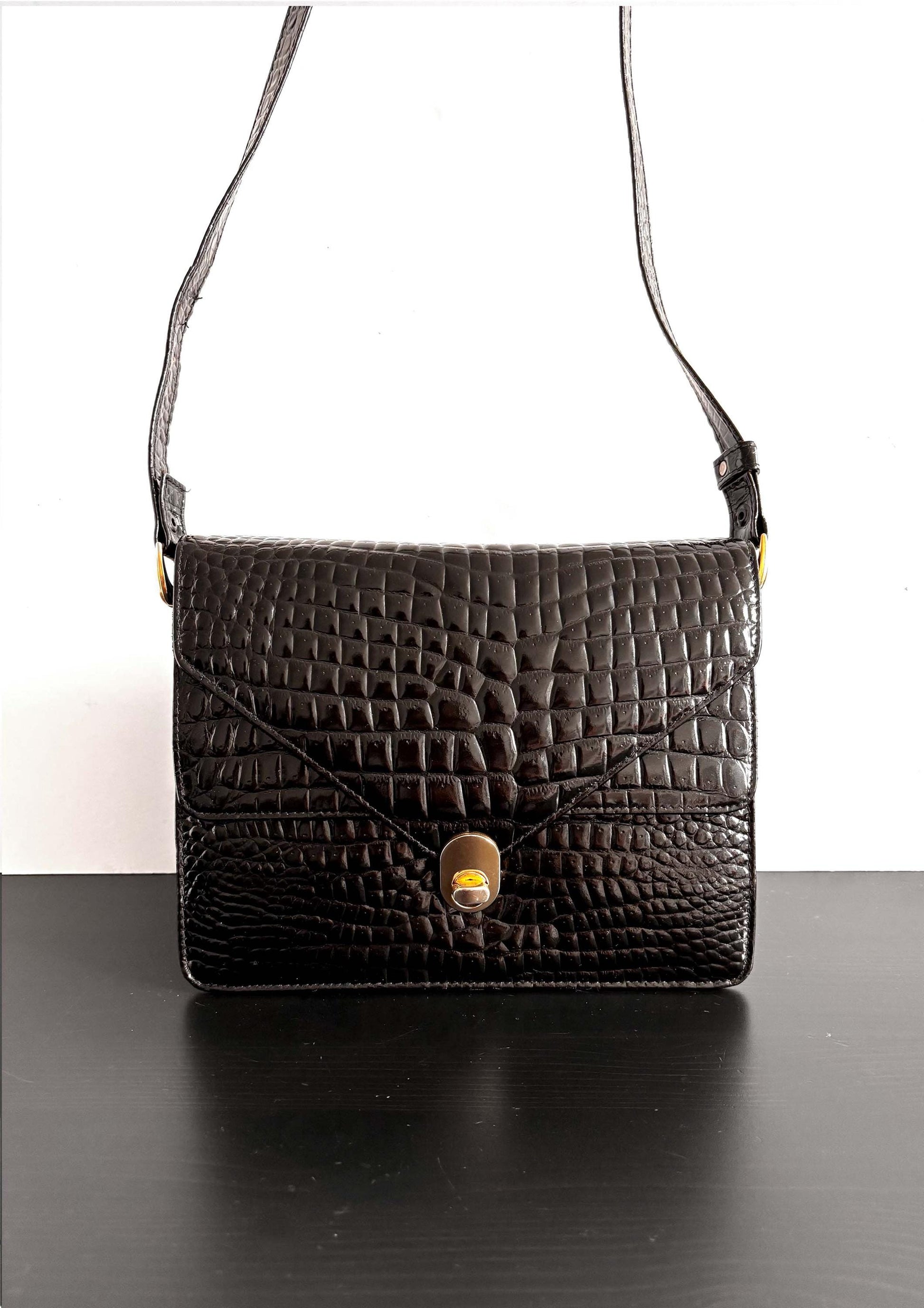 Black croc messenger shoulder bag, from the 70's