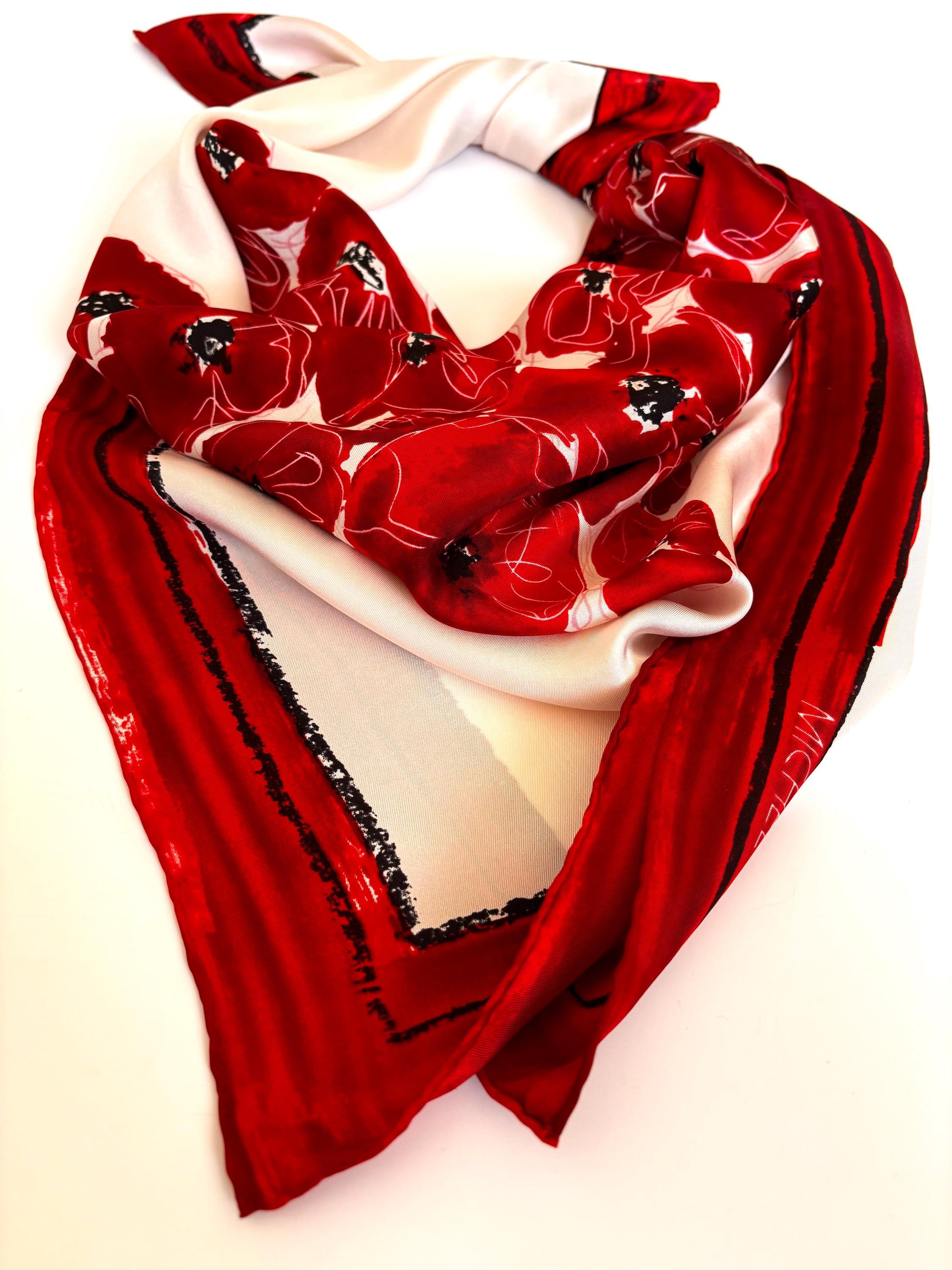 Vintage silk scarf - Michel Klein - big heart & poppies