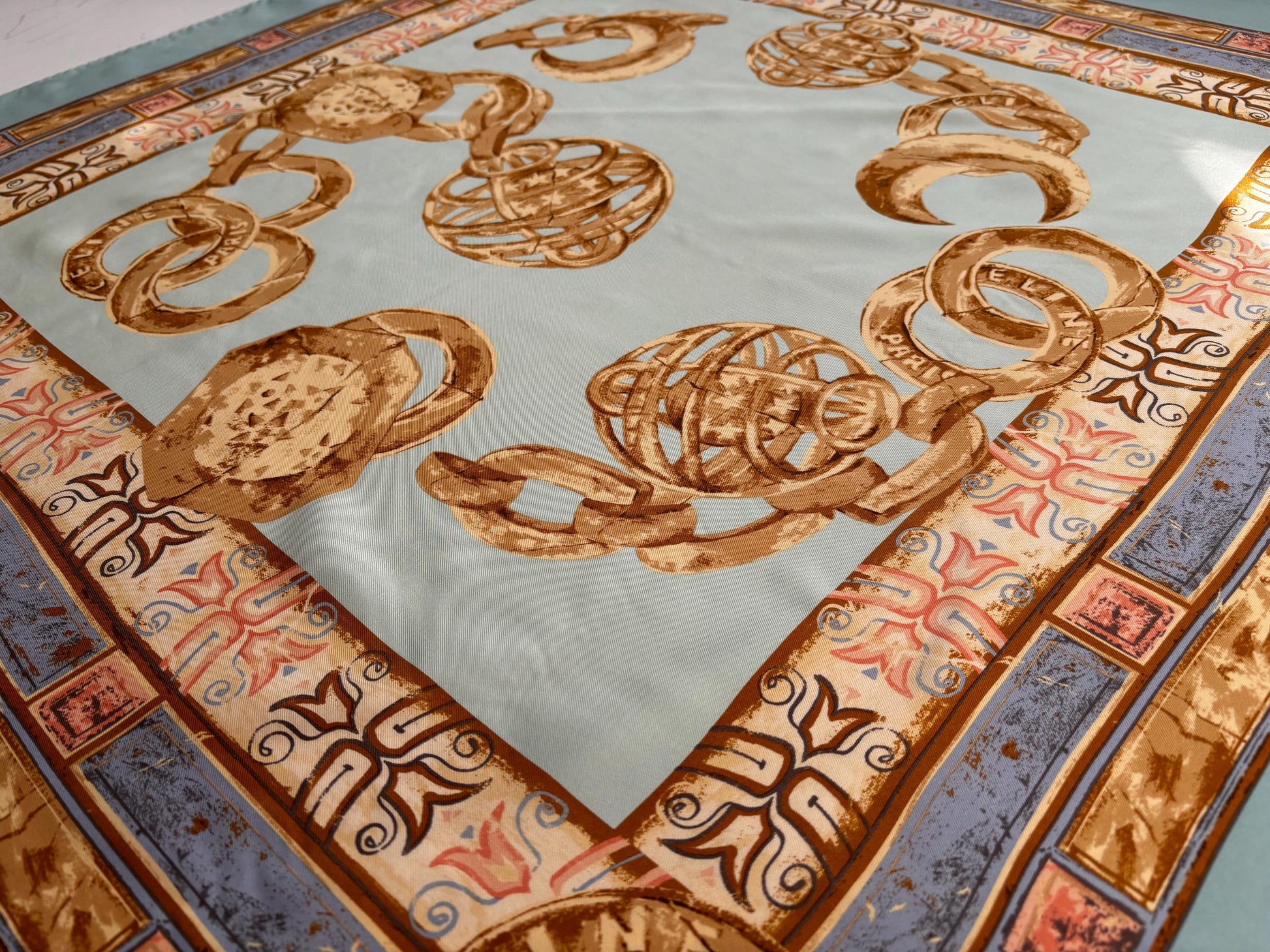 Céline Paris, silk scarf, beautiful aqua tones & gold. Vintage from the 80's. 34x34"