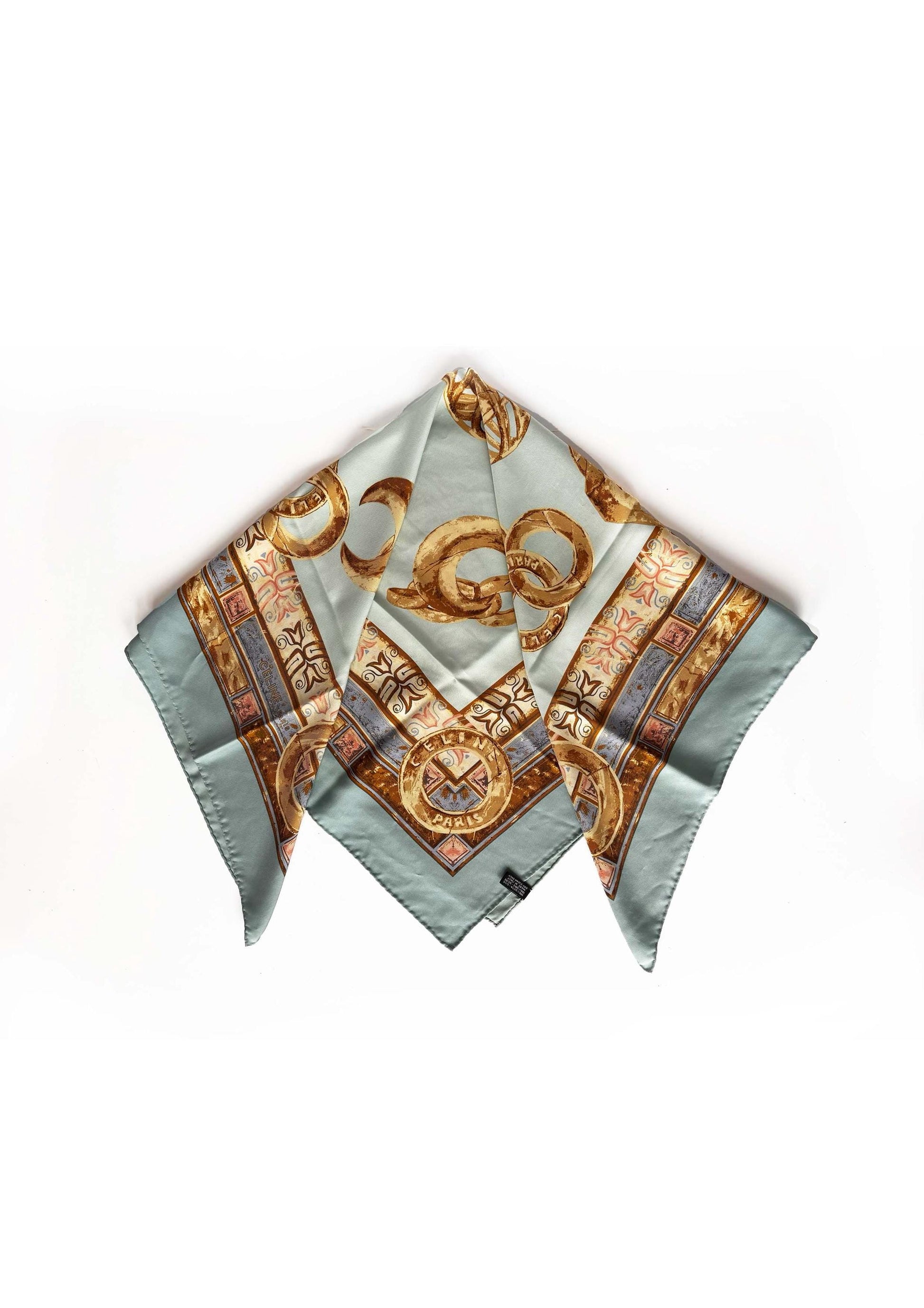 Céline Paris, silk scarf, beautiful aqua tones & gold. Vintage from the 80's. 34x34"