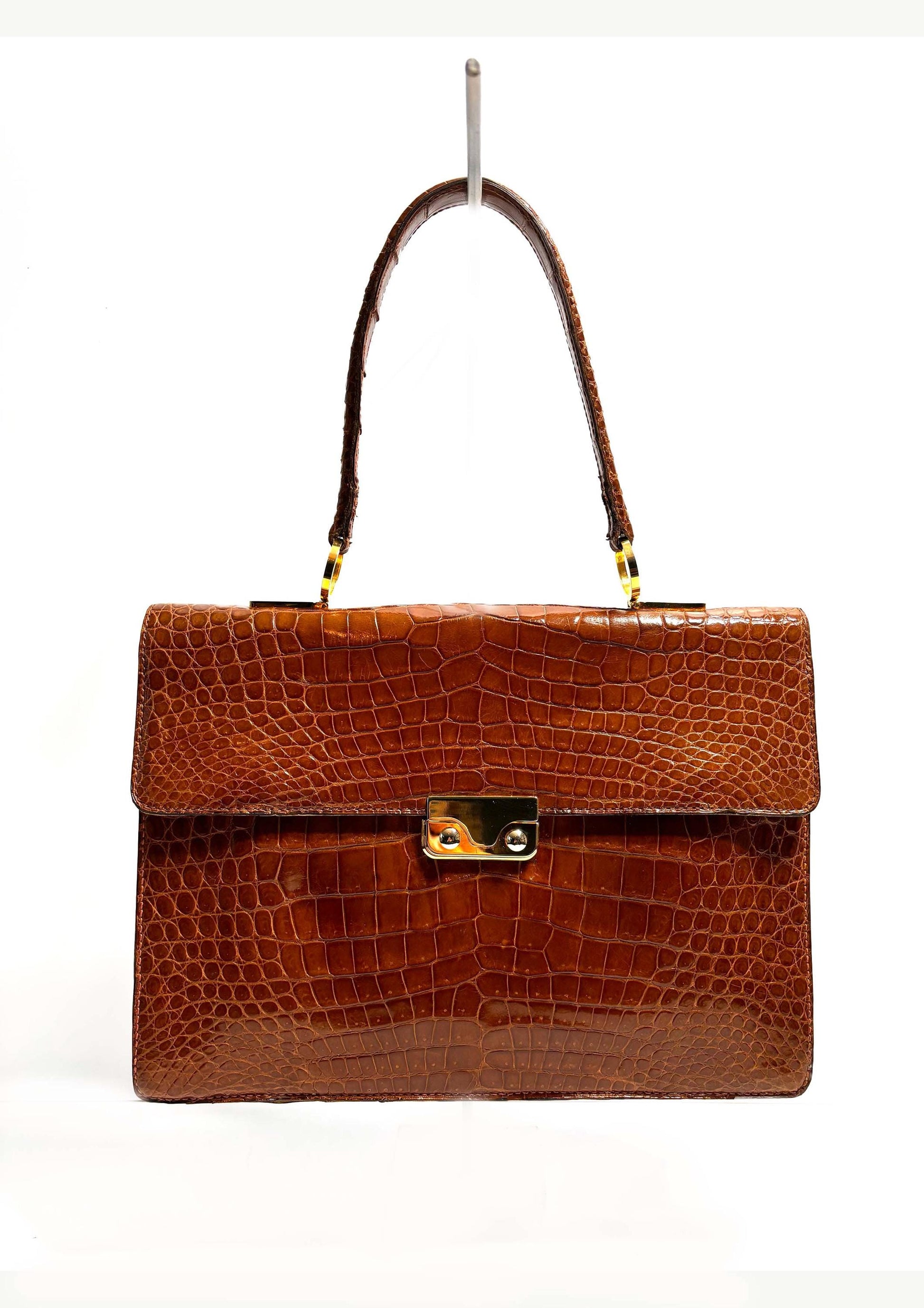 Vintage 70's, luxurious caramel brown croc top handle bag