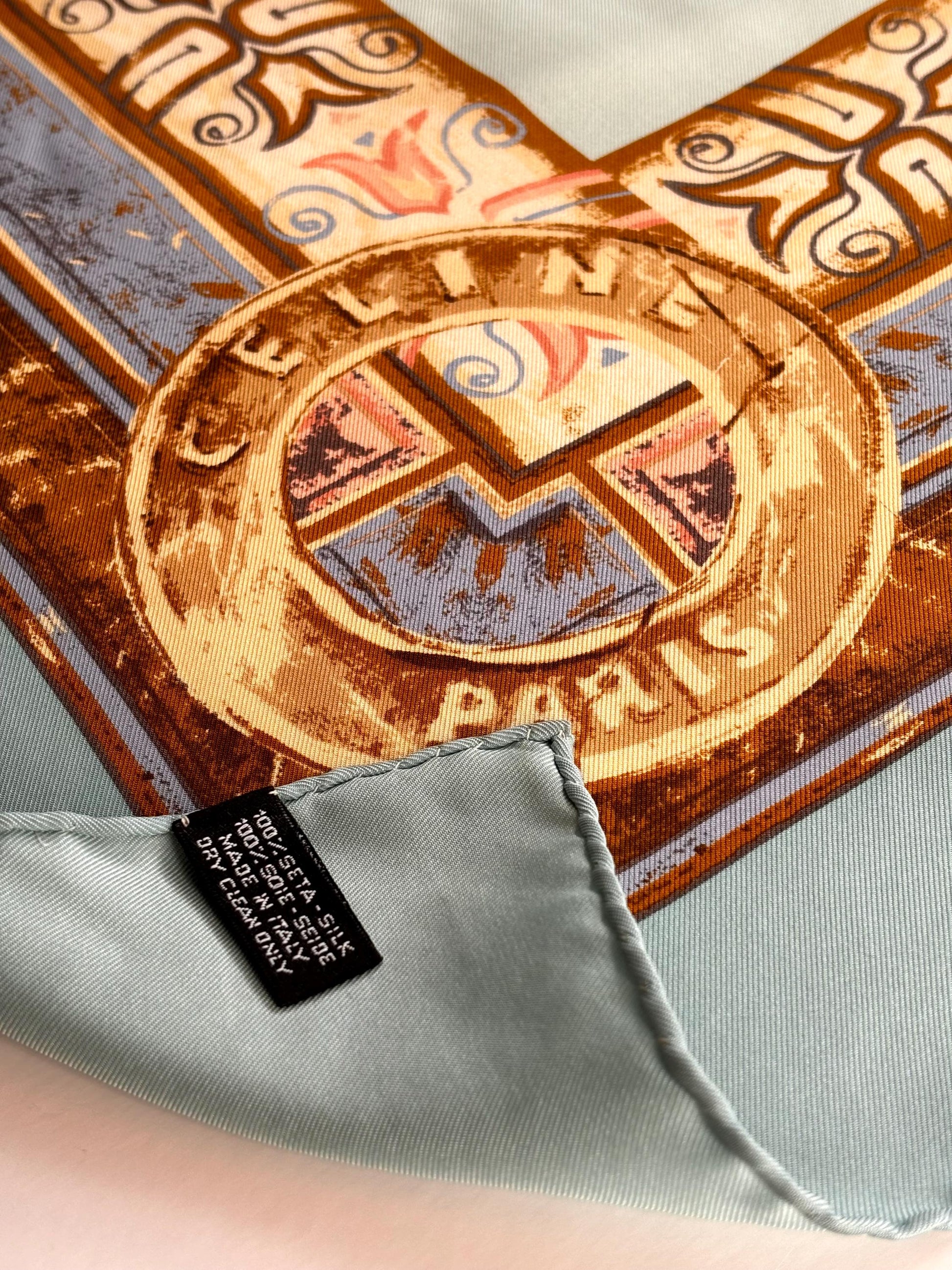 Céline Paris, silk scarf, beautiful aqua tones & gold. Vintage from the 80's. 34x34"