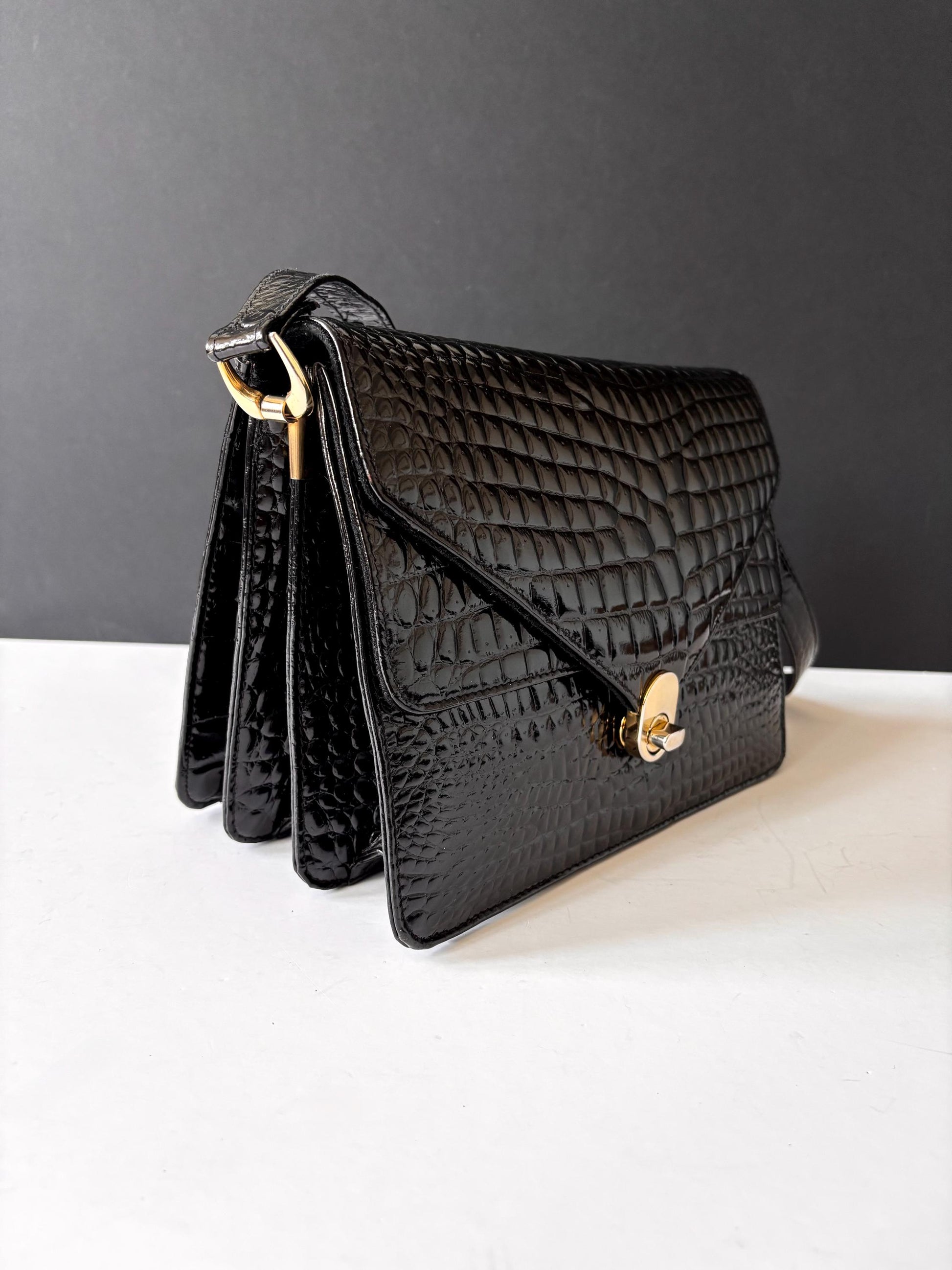Black croc messenger shoulder bag, from the 70's