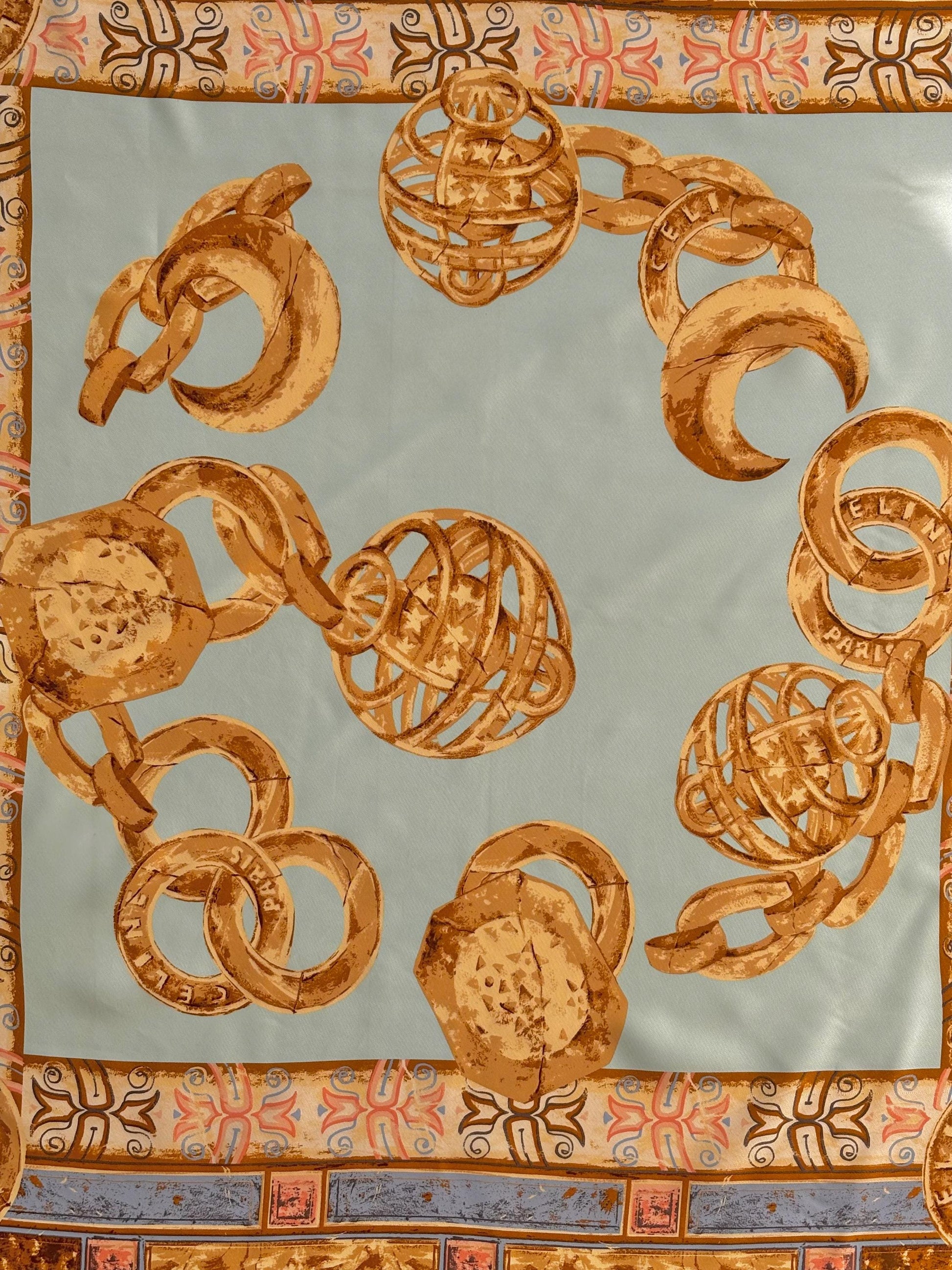 Céline Paris, silk scarf, beautiful aqua tones & gold. Vintage from the 80's. 34x34"