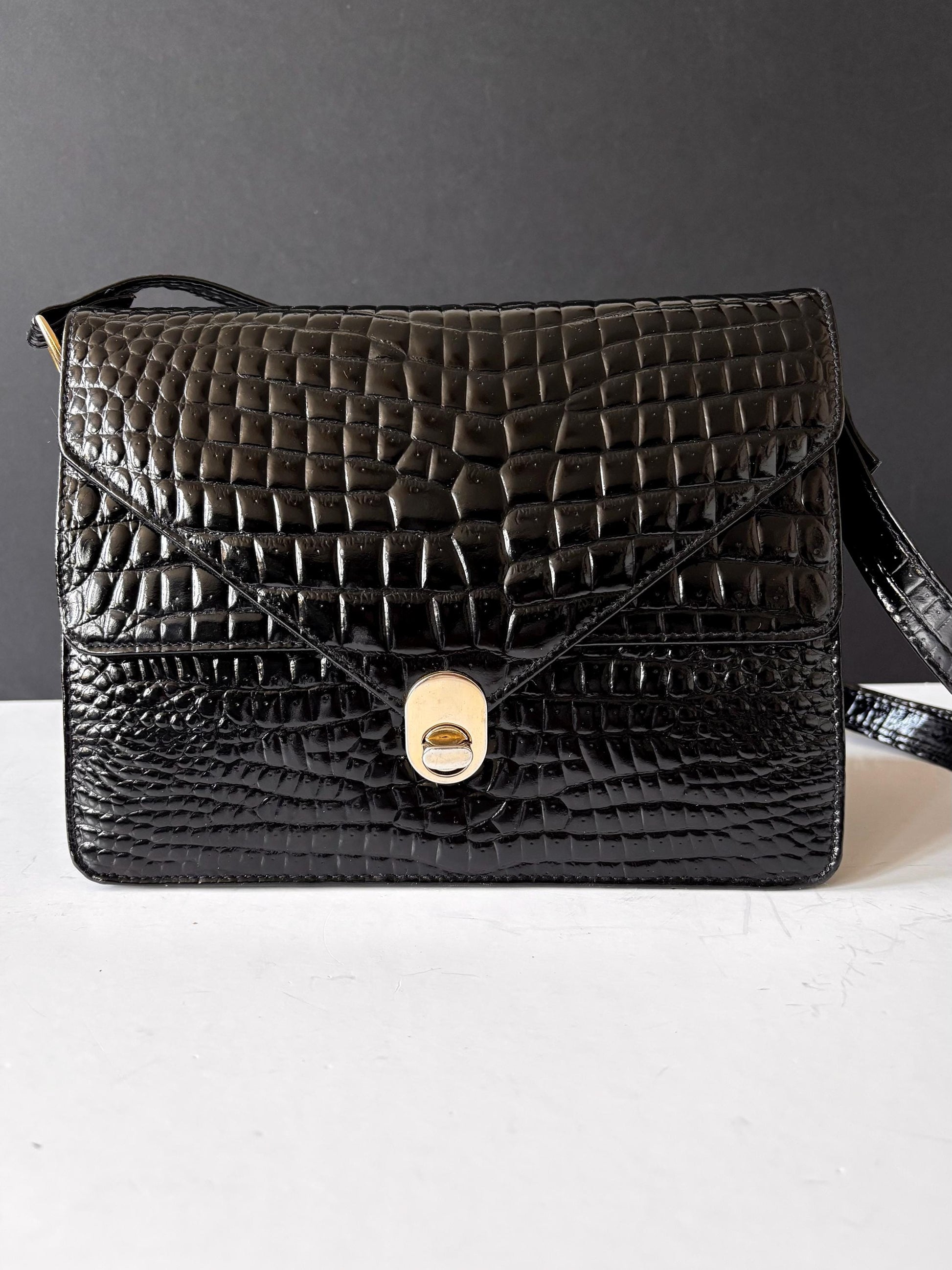 Black croc messenger shoulder bag, from the 70's