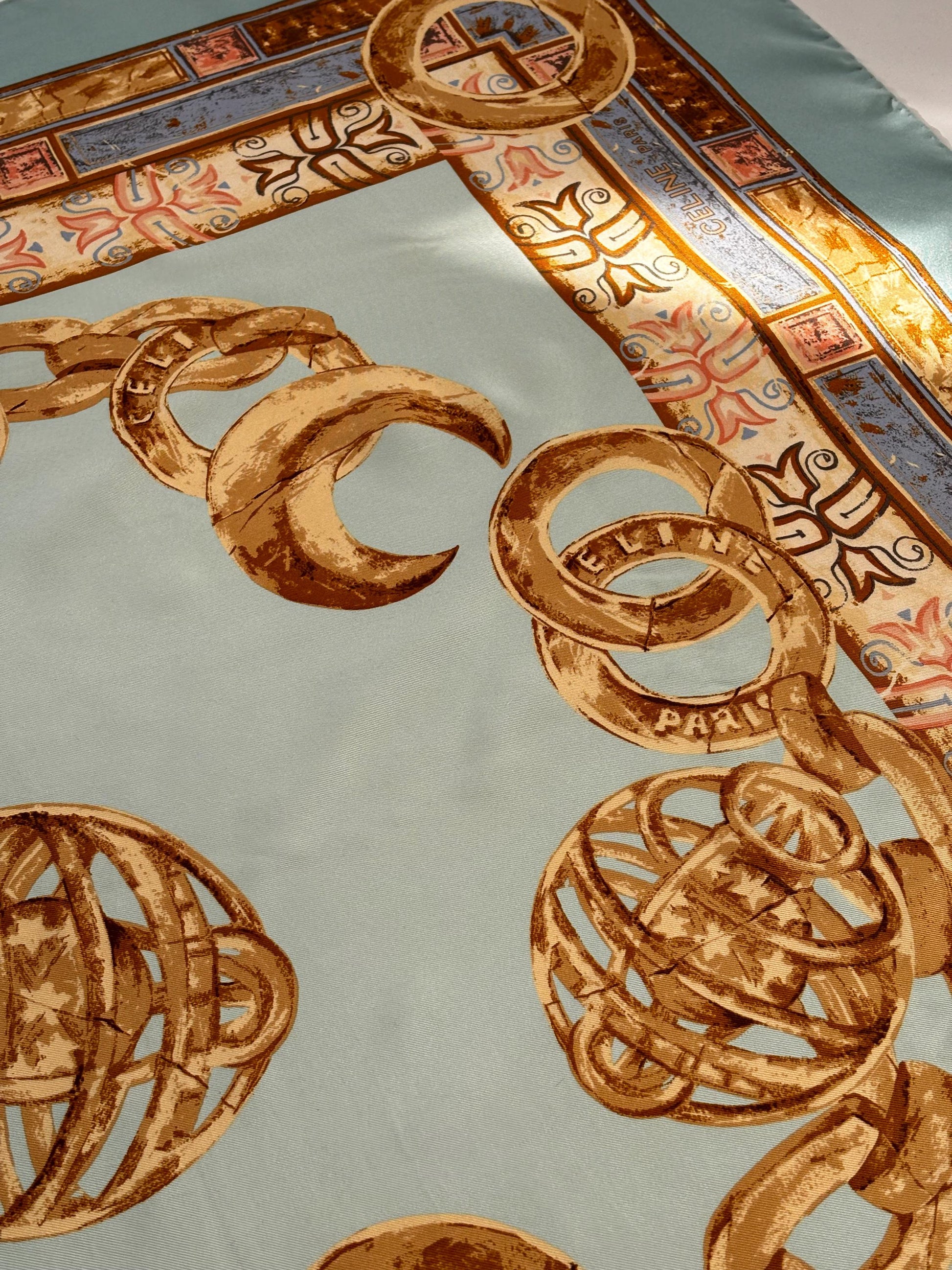 Céline Paris, silk scarf, beautiful aqua tones & gold. Vintage from the 80's. 34x34"