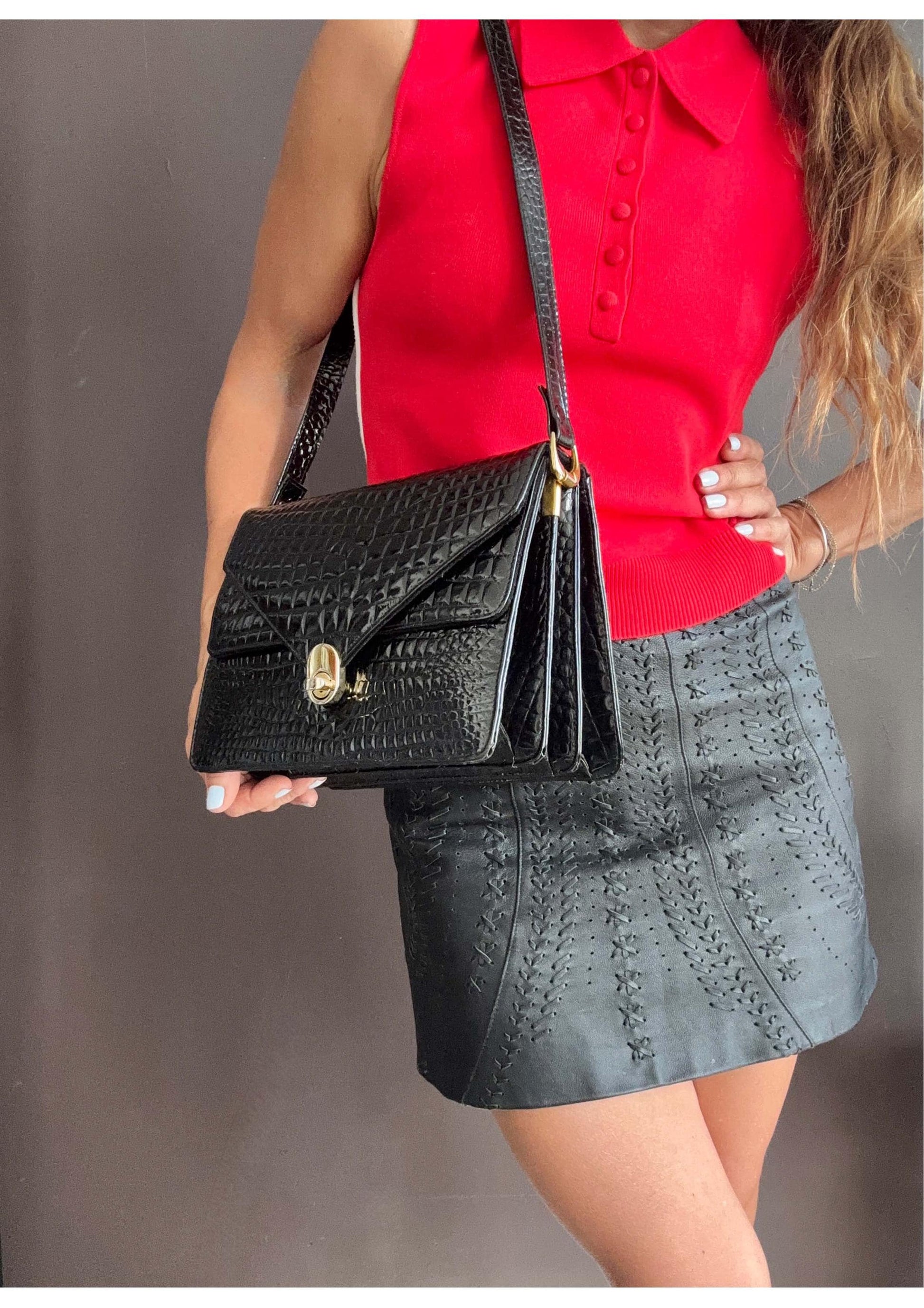 Black croc messenger shoulder bag, from the 70's