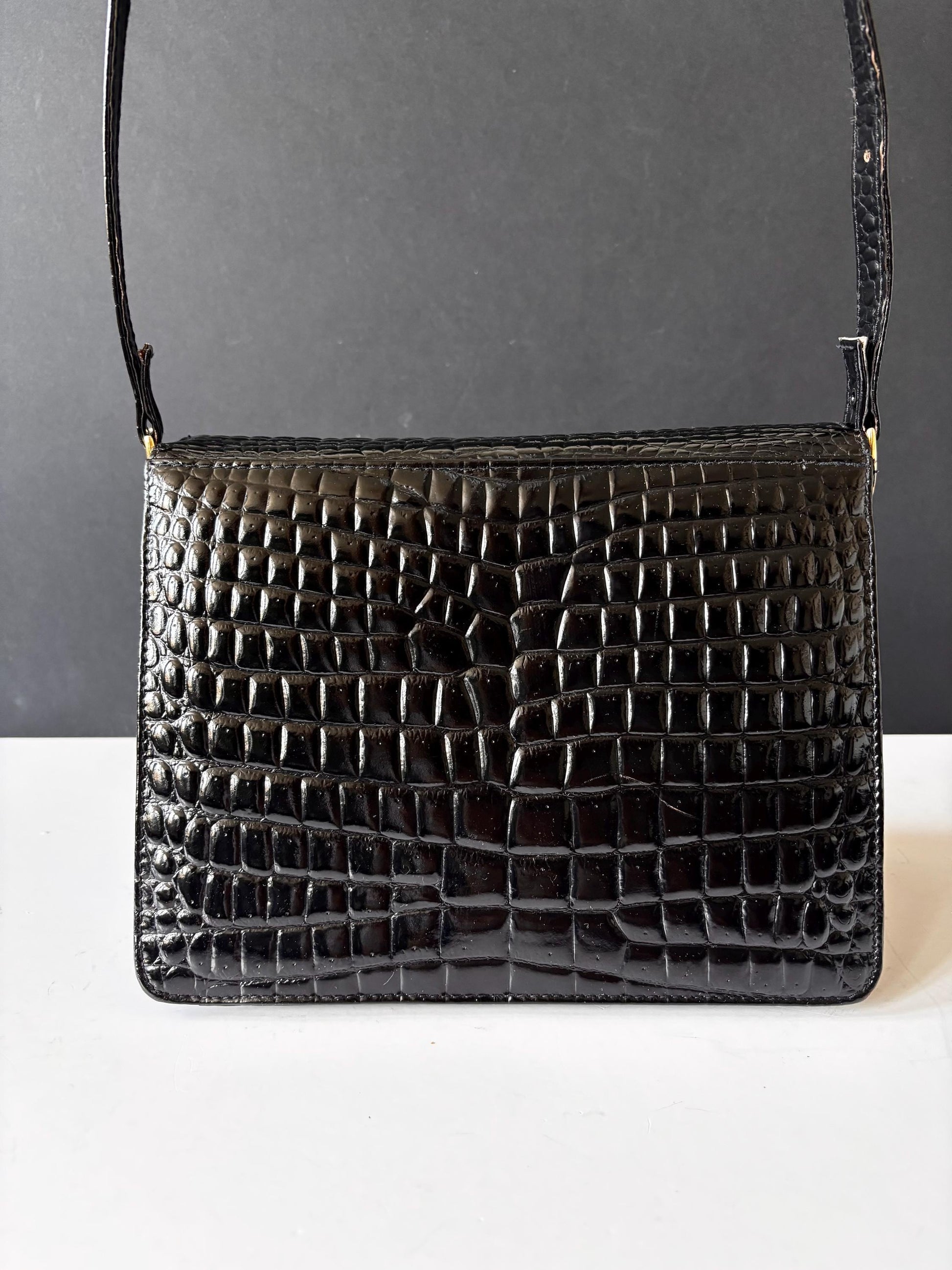 Black croc messenger shoulder bag, from the 70's
