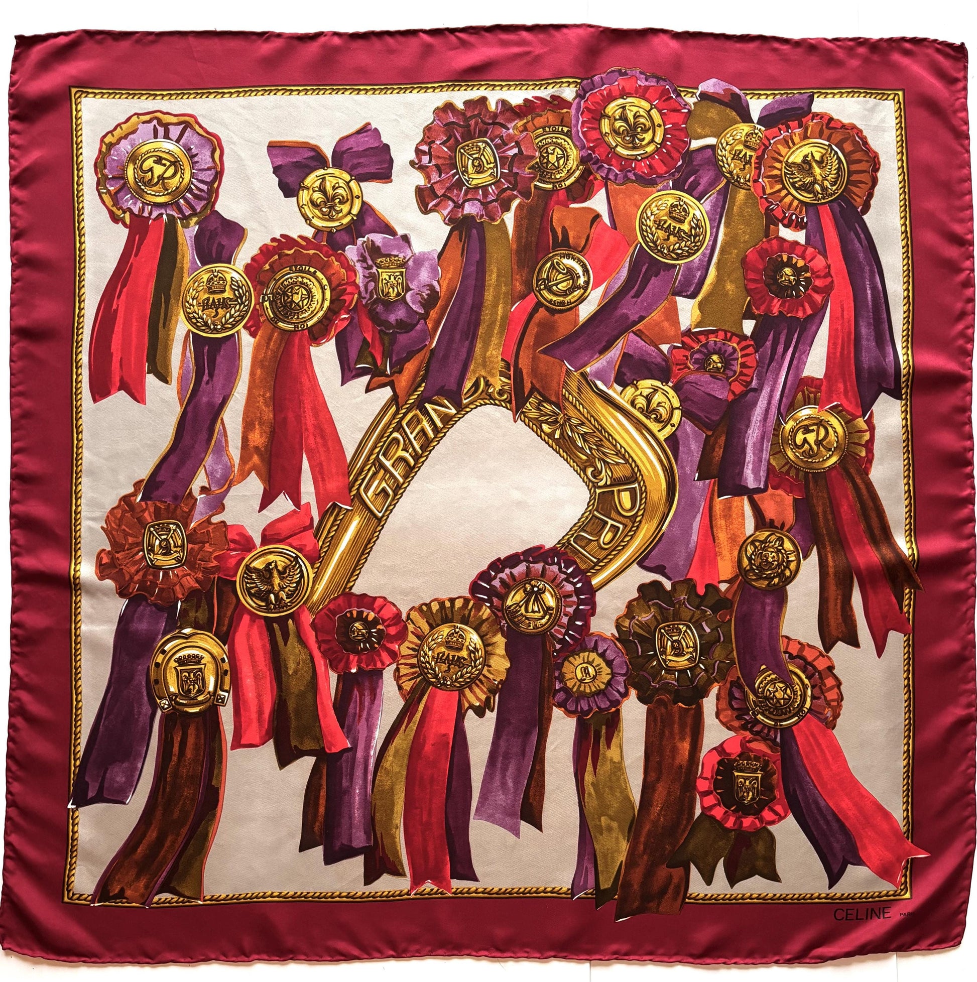 Céline Paris, silk scarf, Grand Prix. Vintage silk carré . 34x34"