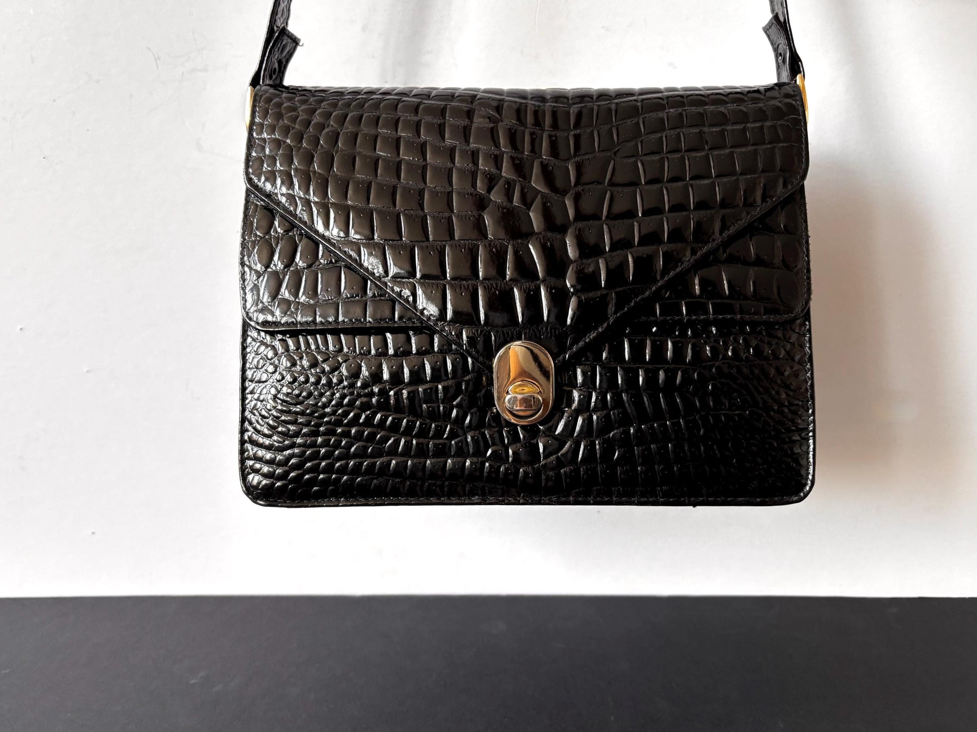 Black croc messenger shoulder bag, from the 70's