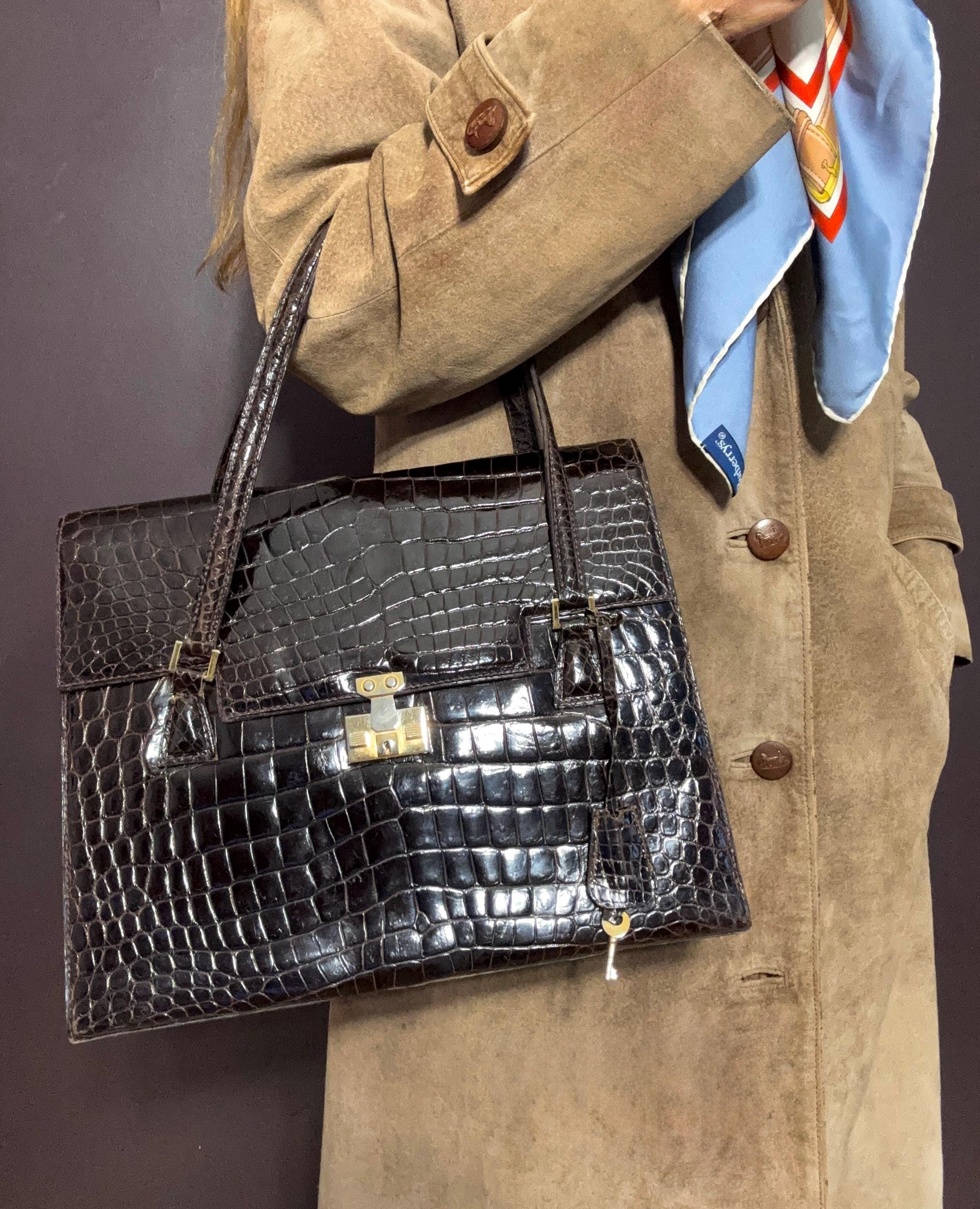 Vintage 70's, A Classic Brown Croc Handle Bag