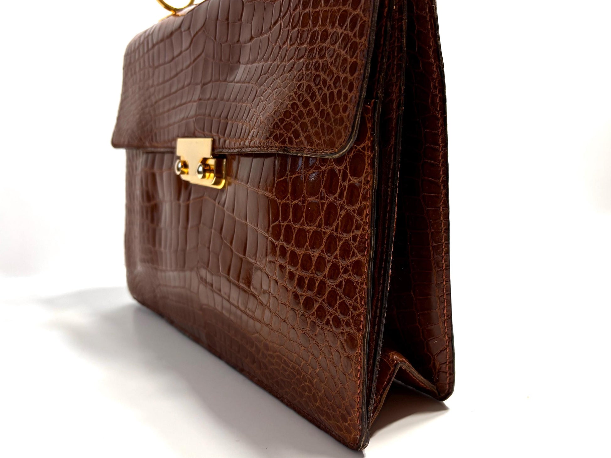 Vintage 70's, luxurious caramel brown croc top handle bag