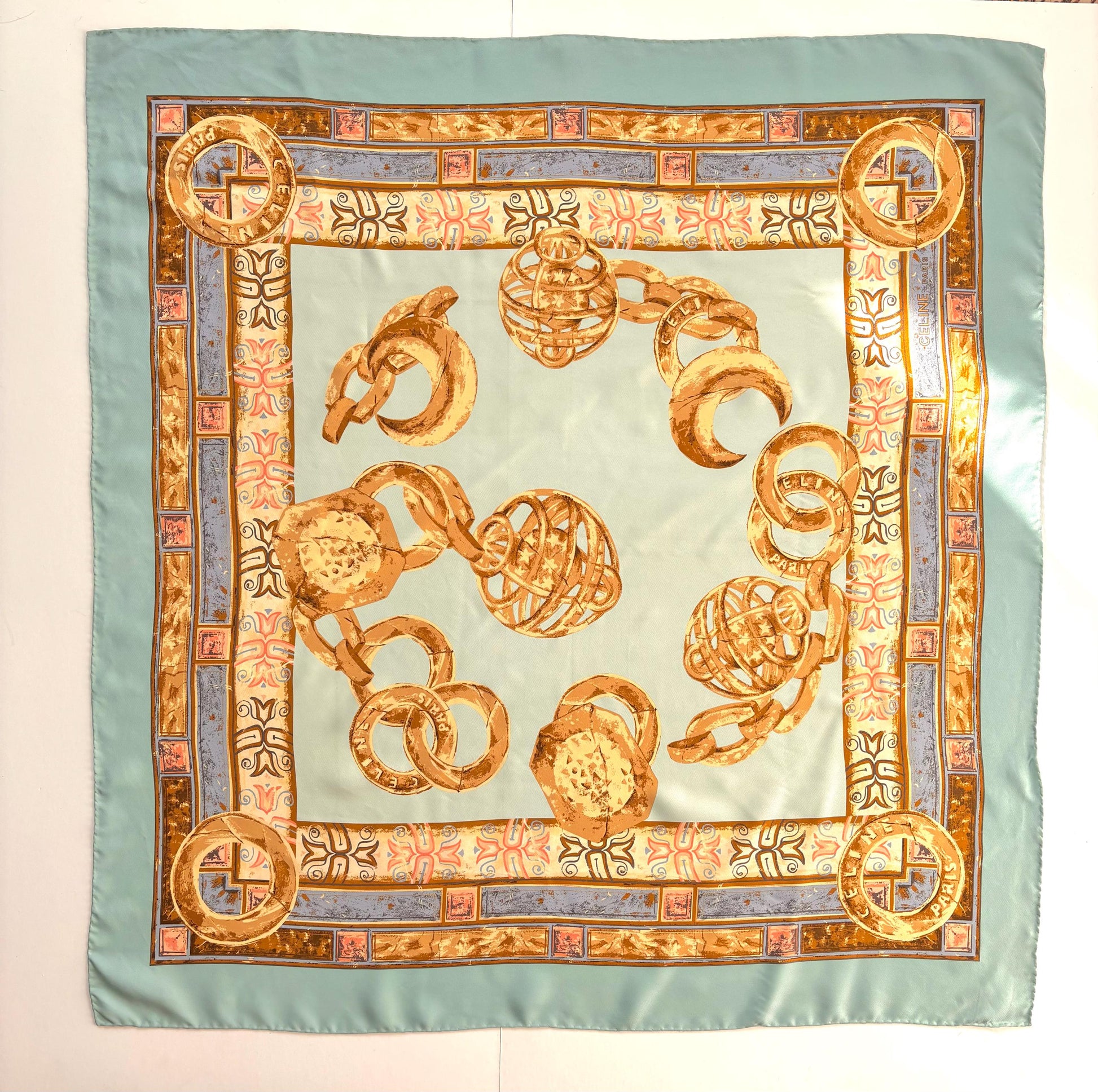 Céline Paris, silk scarf, beautiful aqua tones & gold. Vintage from the 80's. 34x34"
