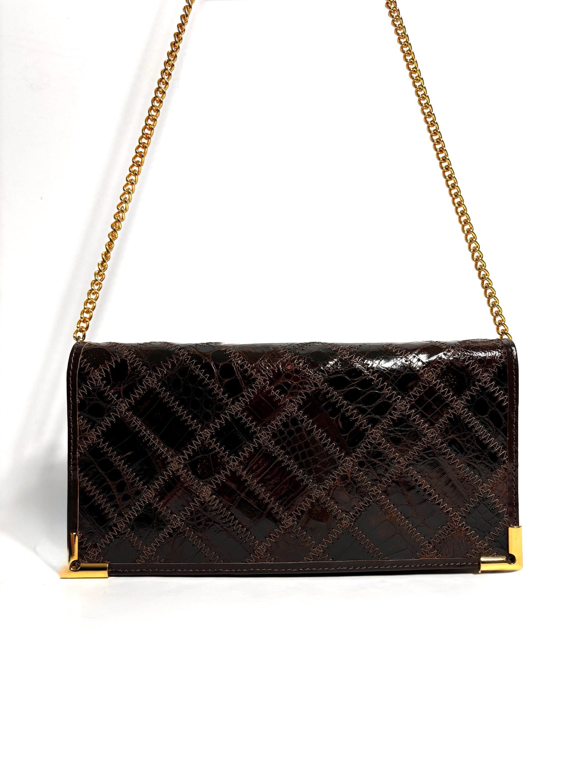 Vintage Brown croc leather patchwork evening bag with