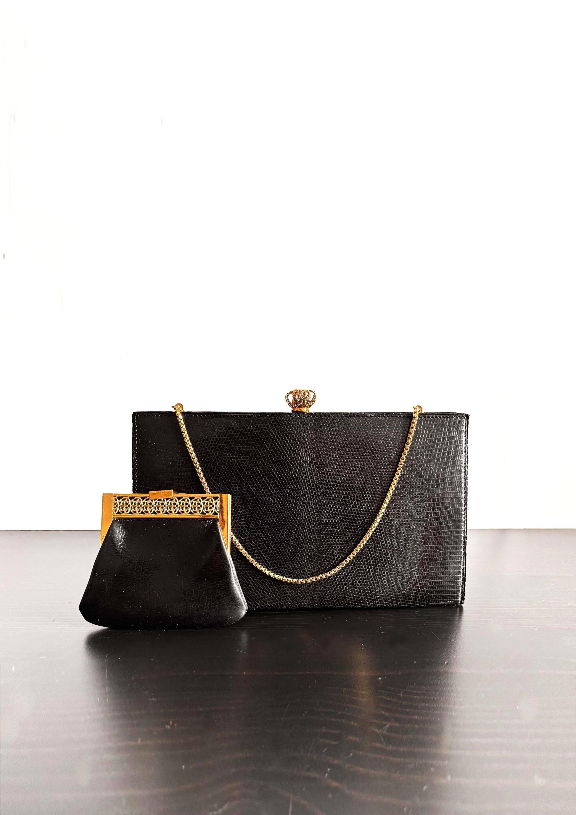 1960's vintage black reptile bag with coin purse