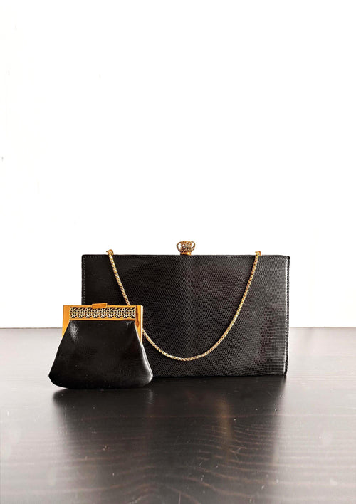 1960's vintage black reptile bag with coin purse