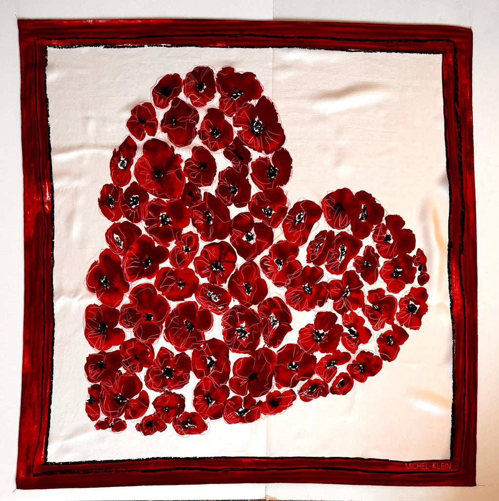 Vintage silk scarf - Michel Klein - big heart & poppies