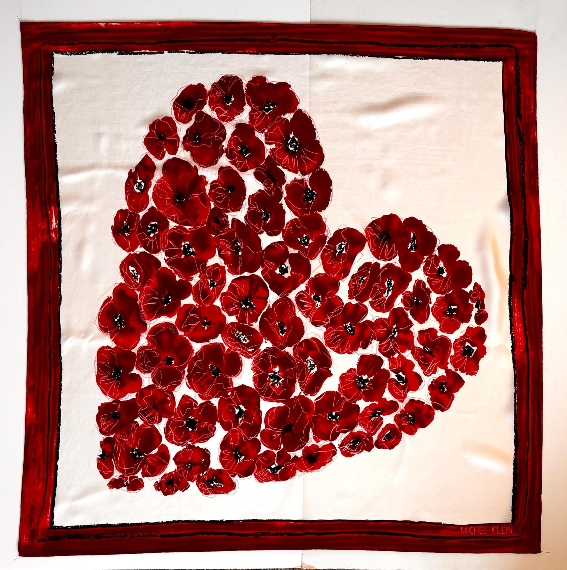 Vintage silk scarf - Michel Klein - big heart & poppies