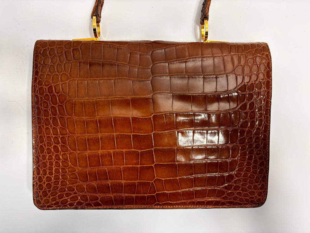 Vintage 70's, luxurious caramel brown croc top handle bag