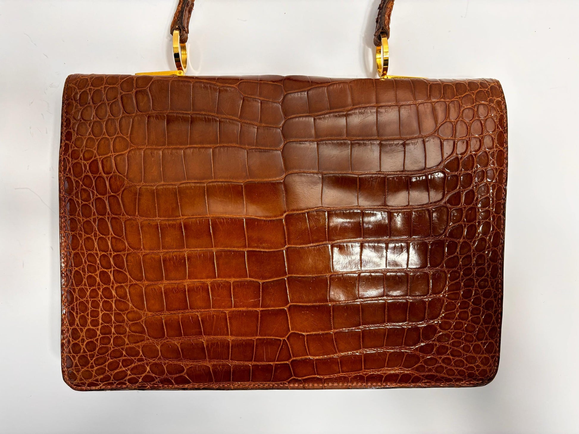 Vintage 70's, luxurious caramel brown croc top handle bag