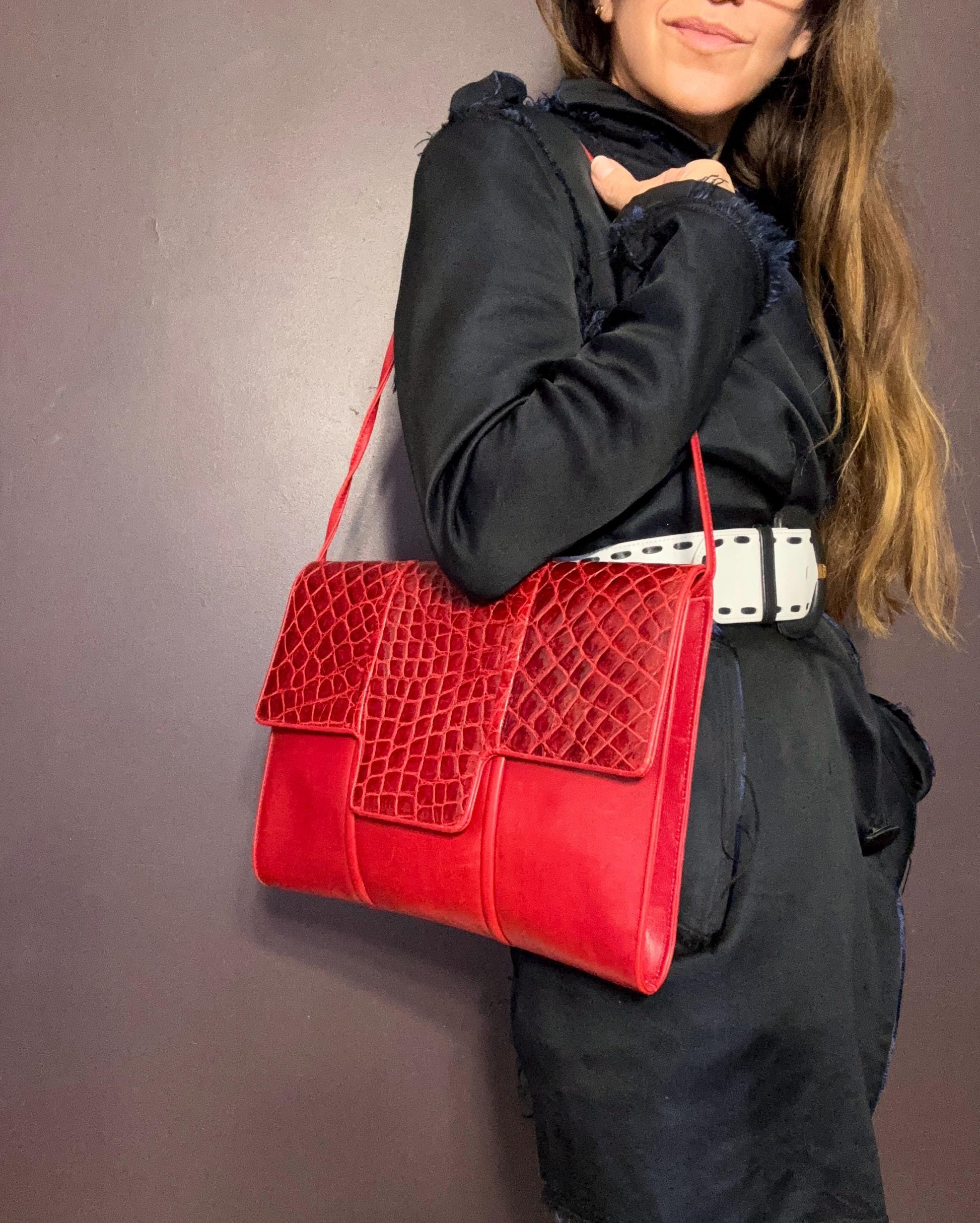 1980's, Silvano Biagini Shoulder clutch in red croc & Nappa leather