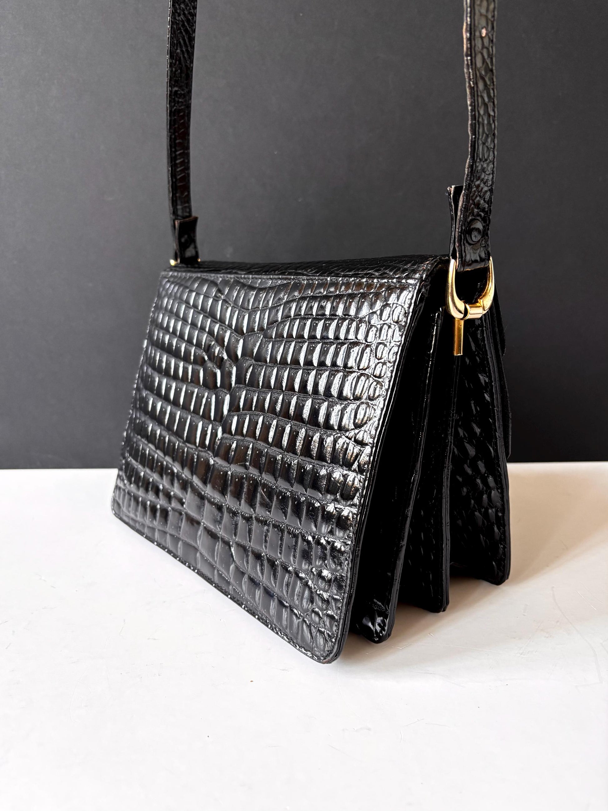 Black croc messenger shoulder bag, from the 70's