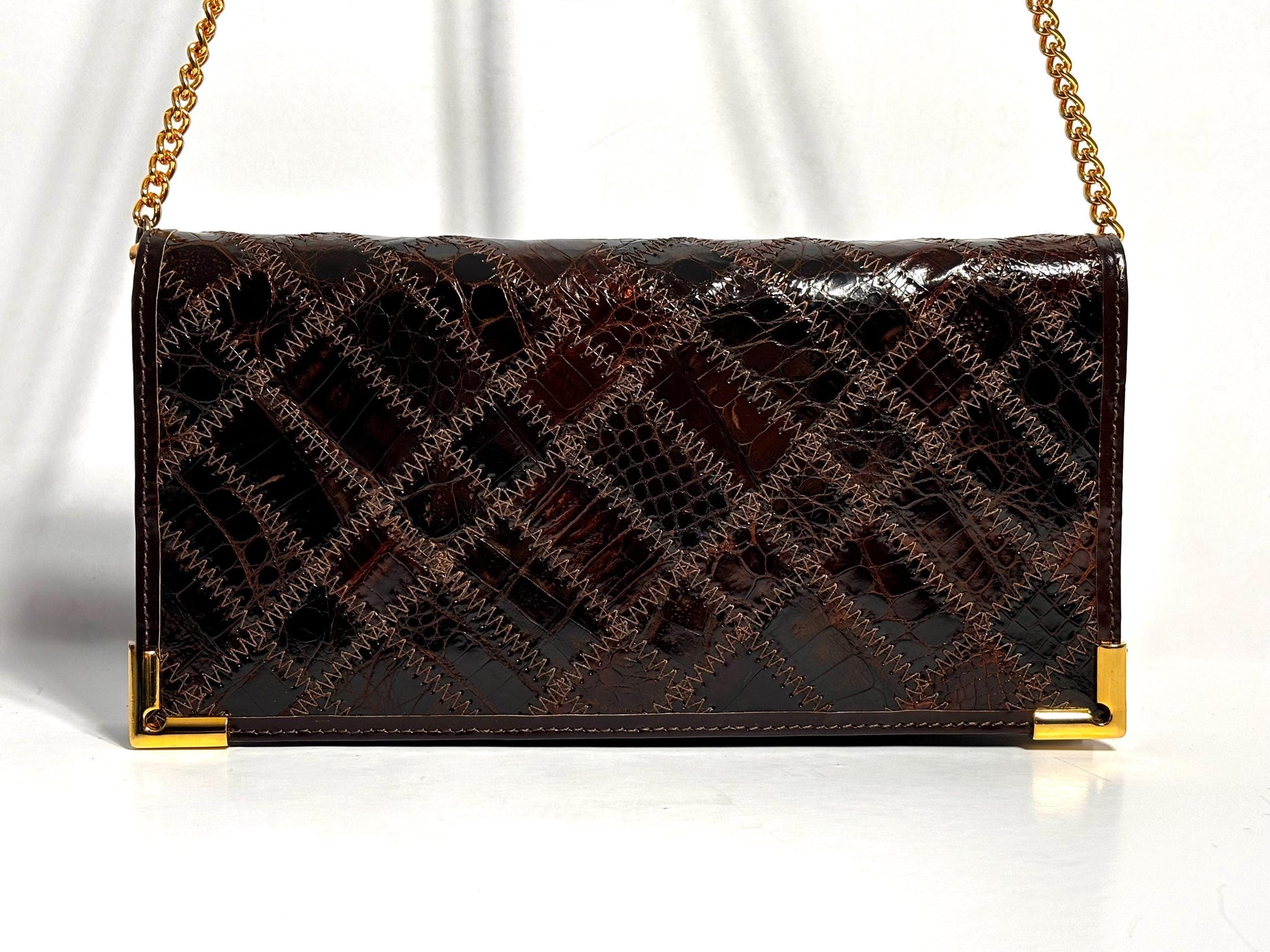 Vintage Brown croc leather patchwork evening bag with