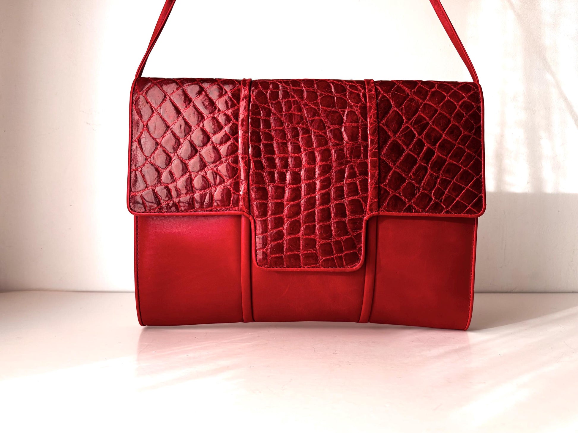 1980's, Silvano Biagini Shoulder clutch in red croc & Nappa leather
