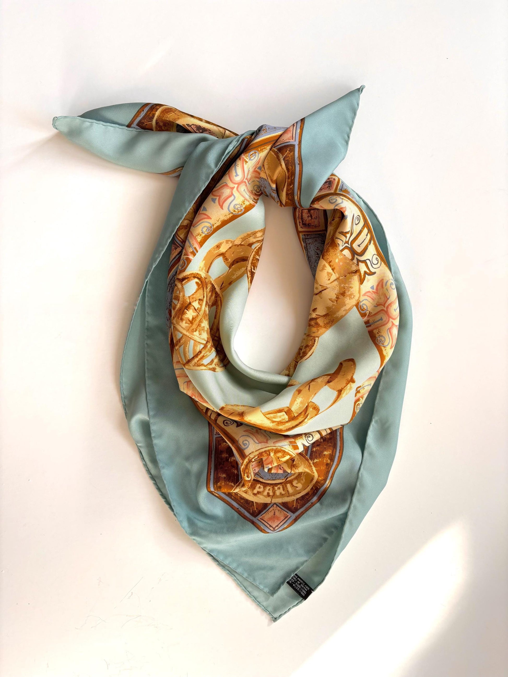 Céline Paris, silk scarf, beautiful aqua tones & gold. Vintage from the 80's. 34x34"