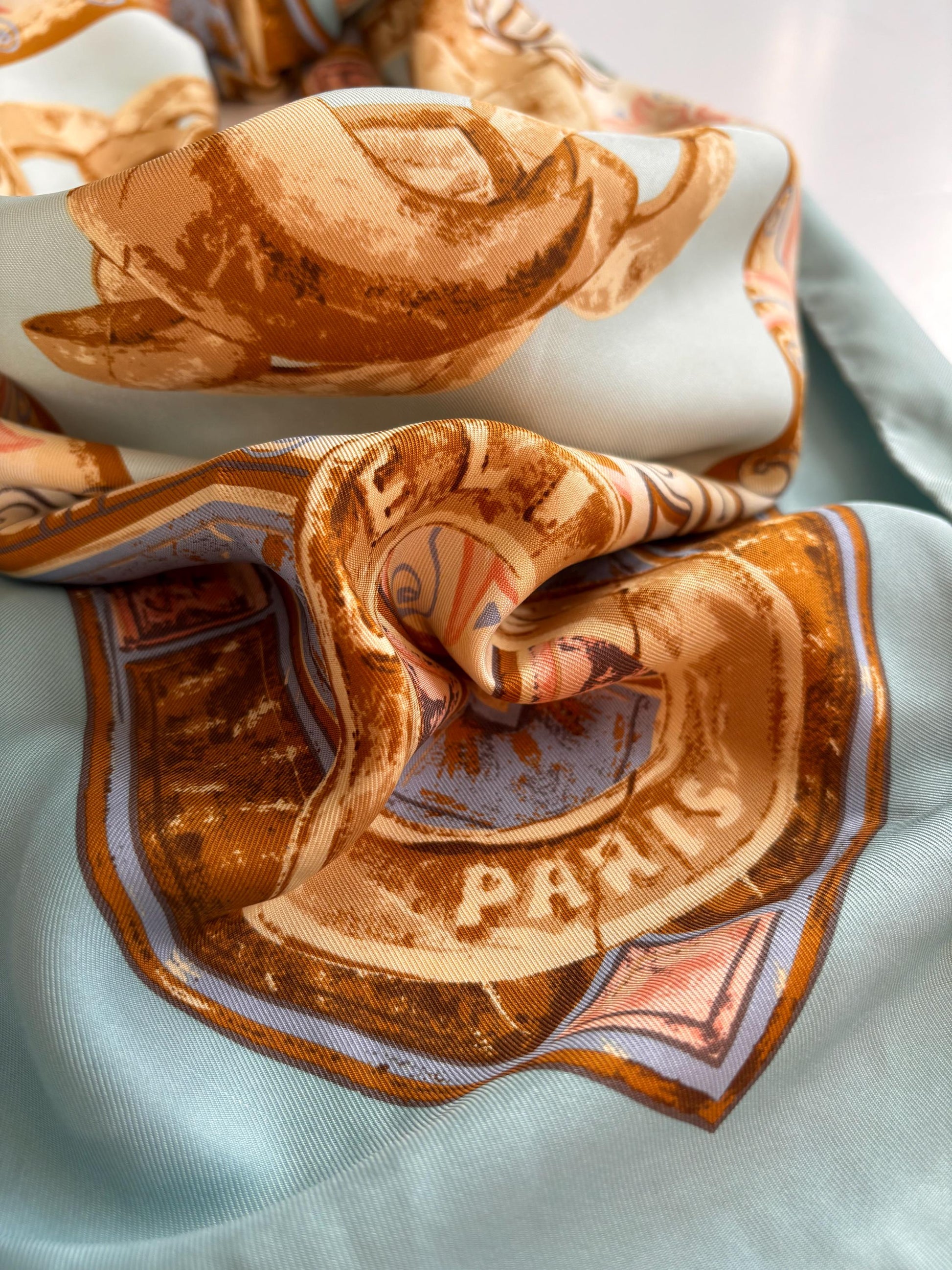 Céline Paris, silk scarf, beautiful aqua tones & gold. Vintage from the 80's. 34x34"